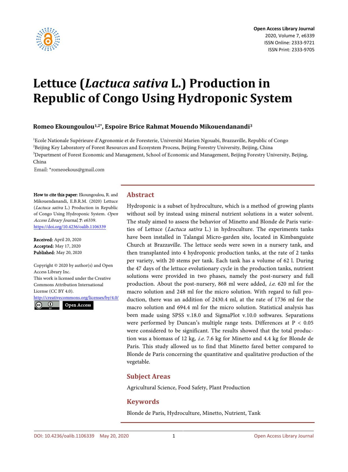 Lettuce Lactuca Sativa L Production In Republic Of Congo Using Hydroponic System Romeo Ekoungoulou