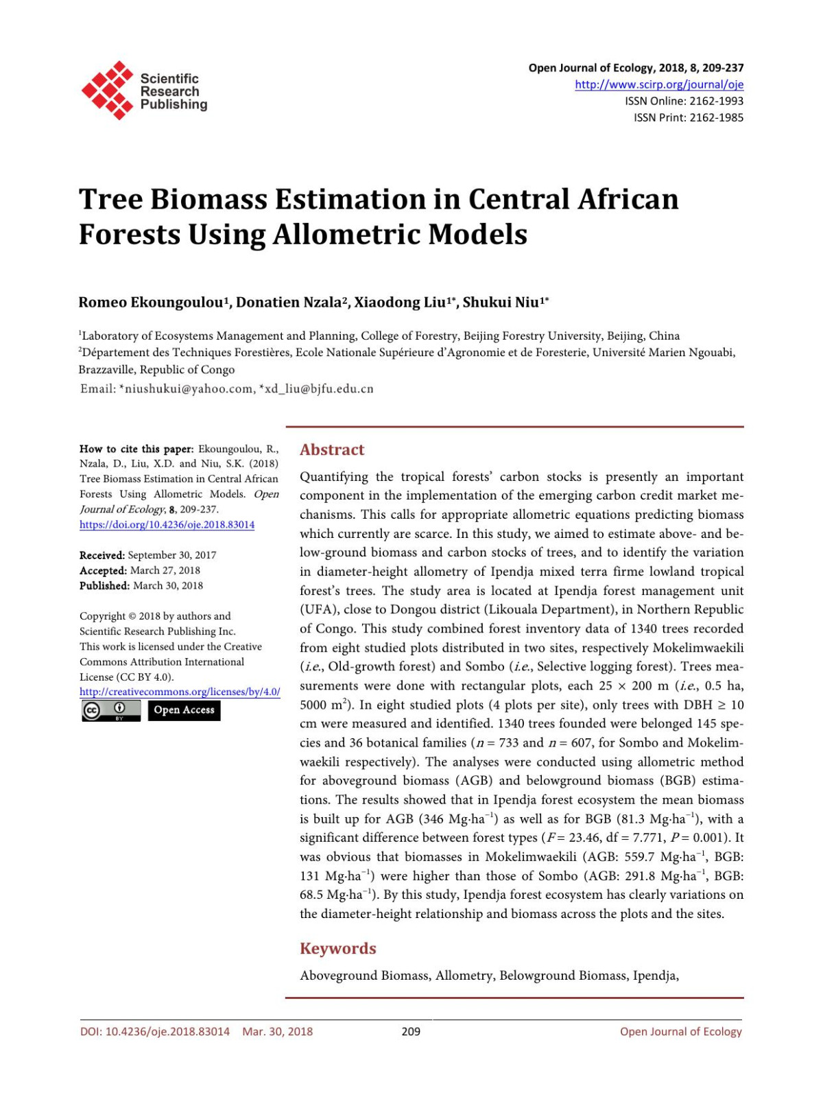 Tree Biomass Estimation In Central African Forests Using Allometric Models Romeo Ekoungoulou