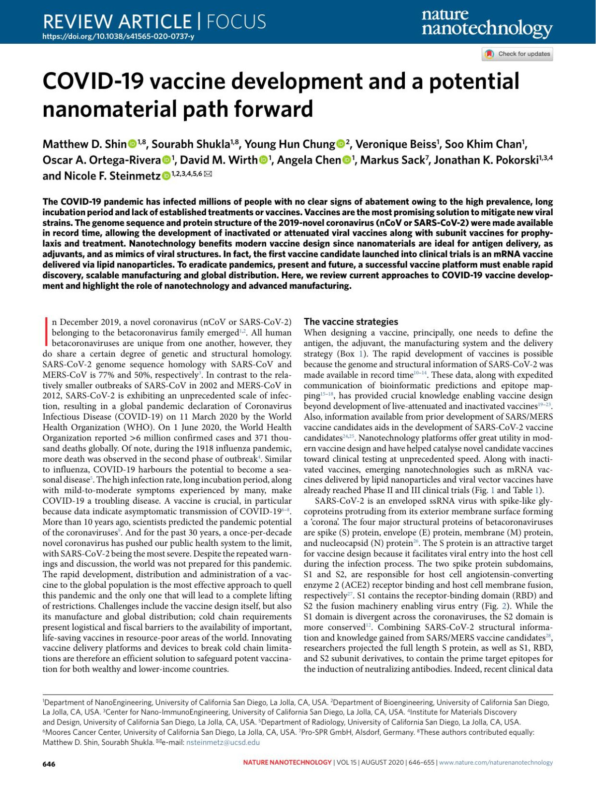 Covid19 Vaccine Development And A Potential Nanomaterial Path Forward Matthew D Shin Sourabh Shukla Young Hun Chung Veronique Beiss Soo Khim Chan Oscar A Ortegarivera David M Wirth Angela Chen Markus Sack Jonathan K Pokorski Nicole F Steinmetz