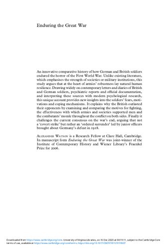 Enduring The Great War Combat Morale And Collapse In The German And British Armies 19141918 Alexander Watson