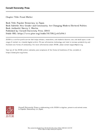 Popular Democracy In Japan How Gender And Community Are Changing Modern Electoral Politics Sherry L Martin