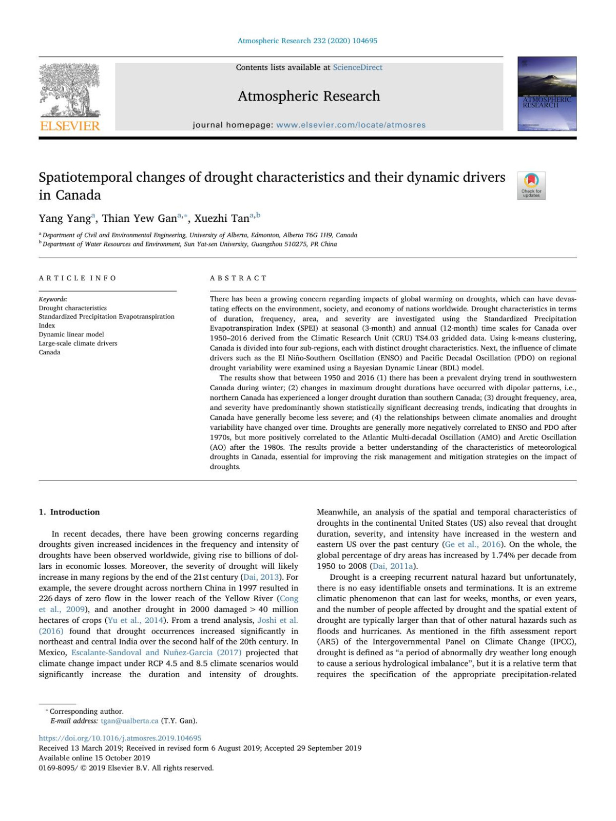 Spatiotemporal Changes Of Drought Characteristics And Their Dynamic Drivers In Canada Yang Yang Thian Yew Gan Xuezhi Tan