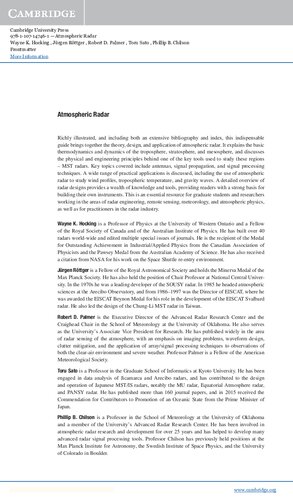 Atmospheric Radar Application And Science Of Mst Radars In The Earths Mesosphere Stratosphere Troposphere And Weakly Ionized Regions Wayne K Hocking Jrgen Rttger Robert D Palmer