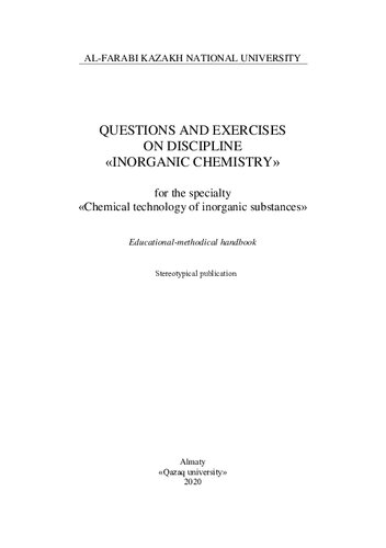 Questions And Exercises On Discipline Inorganic Chemistry For The Specialty Chemical Technology Of Inorganic Substances Educationalmethodical Handbook