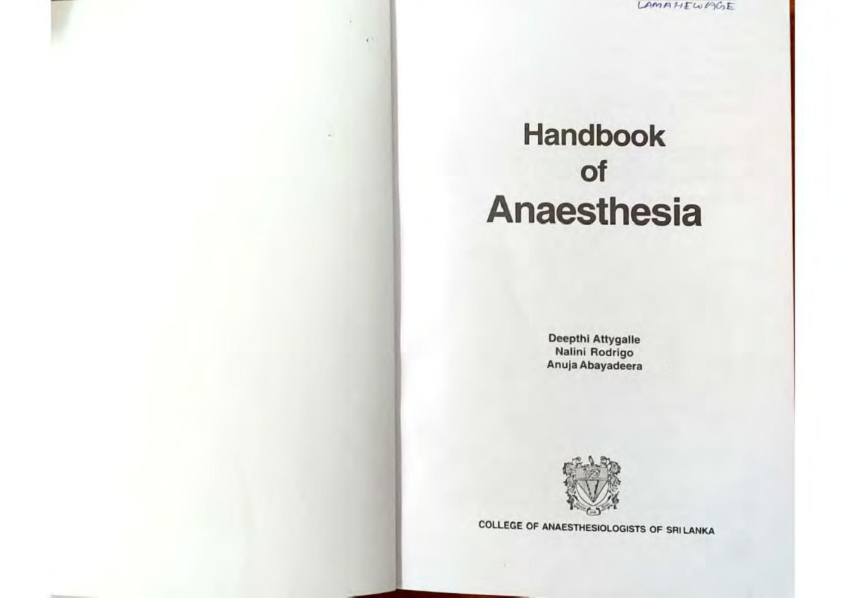 Handbook Of Anaesthesia College Of Anaesthesiologists And Intensivists Sri Lanka Double Sided 2nd Edition Deepthi Attygalle