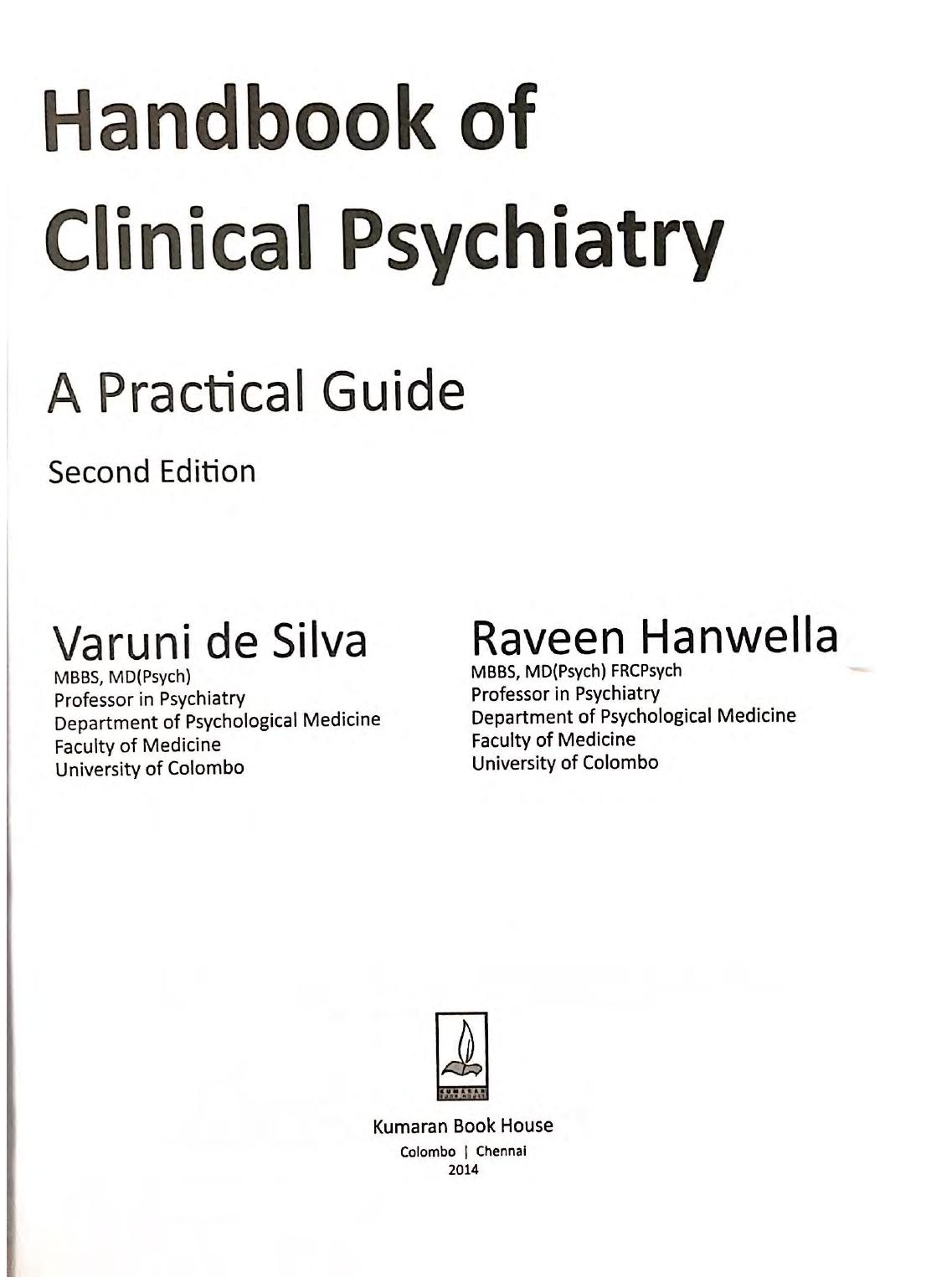Handbook Of Clinical Psychiatry A Practical Guide 2nd Edition Varuni De Silva