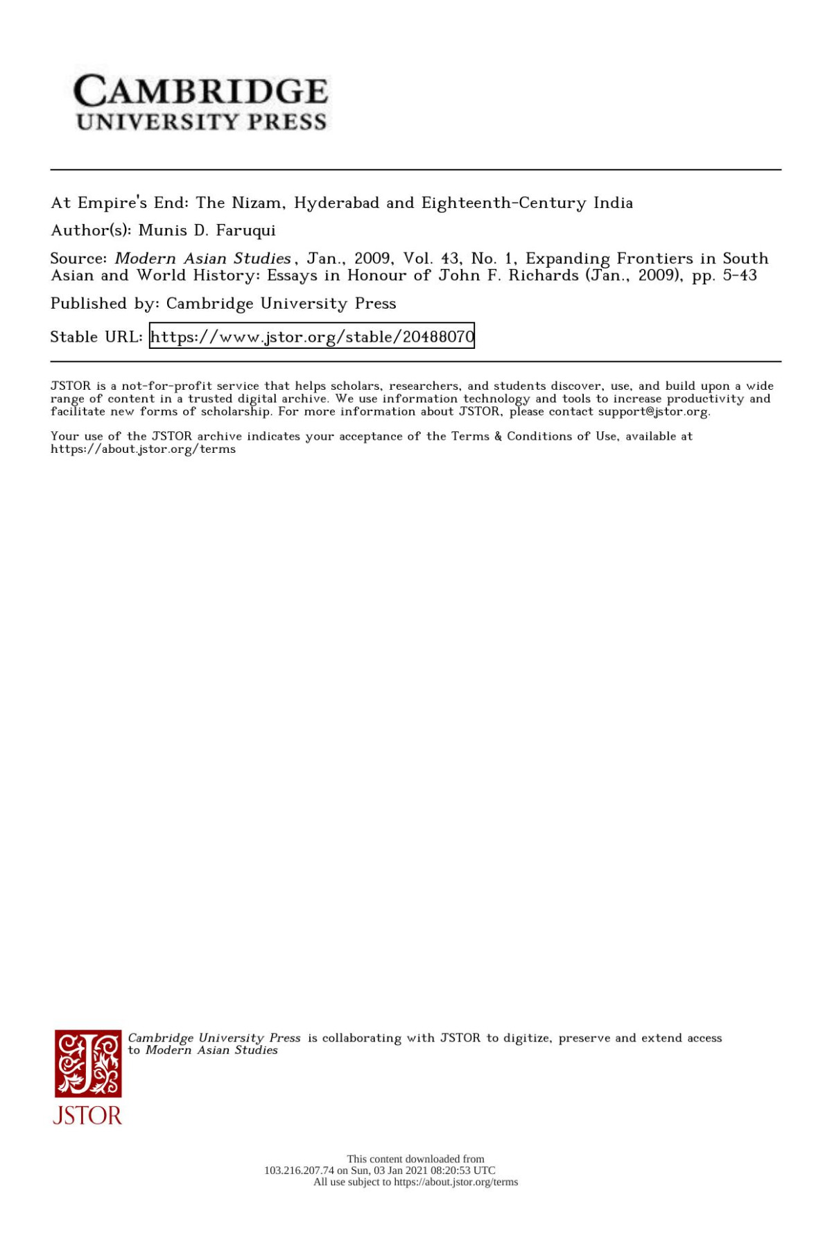 At Empires End The Nizam Hyderabad And Eighteenthcentury India Modern Asien Studies Vol 43 No 1 Jan 2009 Munis D Faruqui