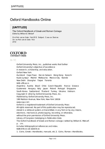 The Oxford Handbook Of Greek And Roman Coinage William E Metcalf
