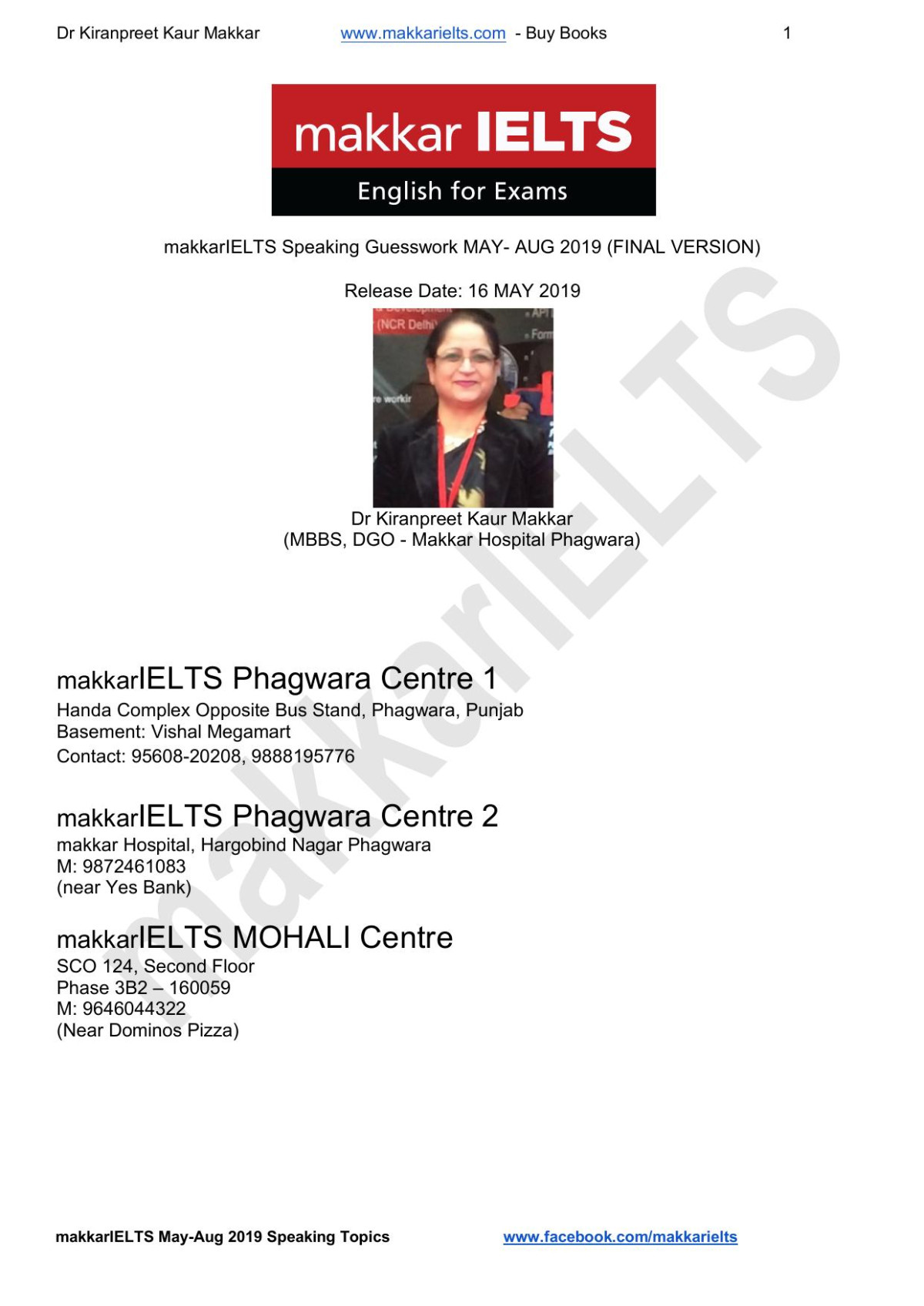 Microsoft Word Makkarielts Speaking Mayaug 2019 Finaldocx Dr Kiranpreet Kaur Makkar