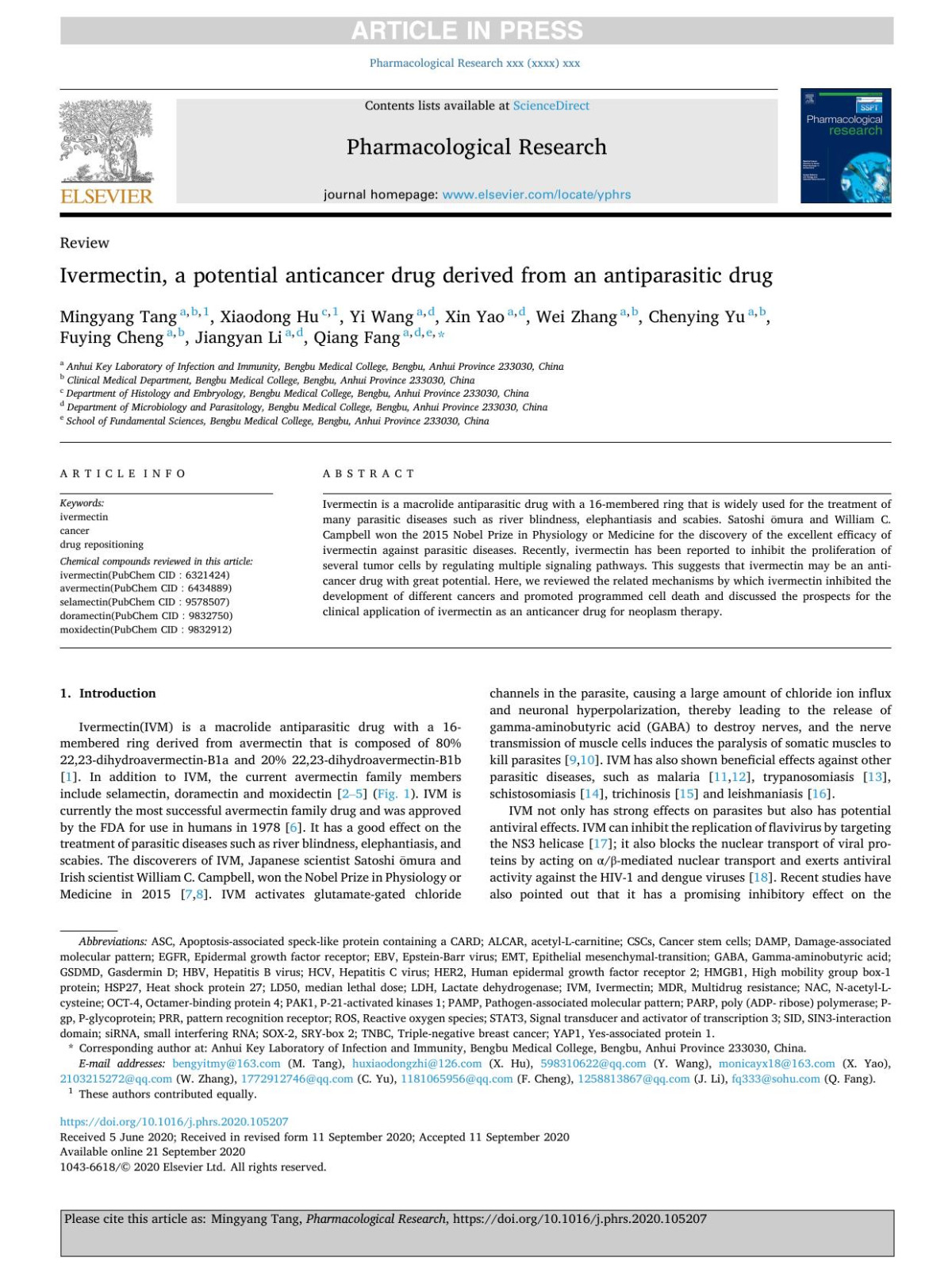 Ivermectin A Potential Anticancer Drug Derived From An Antiparasitic Drug Mingyang Tang