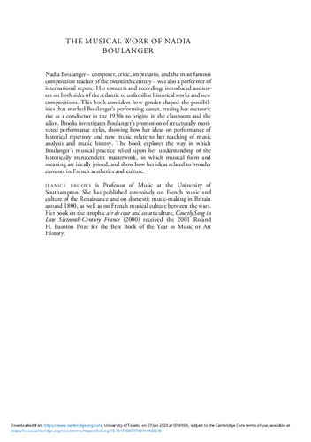 The Musical Work Of Nadia Boulanger Performing Past And Future Between The Wars Jeanice Brooks