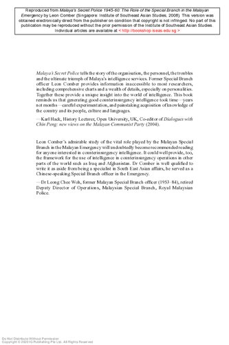 Malayas Secret Police 194560 The Role Of The Special Branch In The Malayan Emergency 2008 Leon F Comber