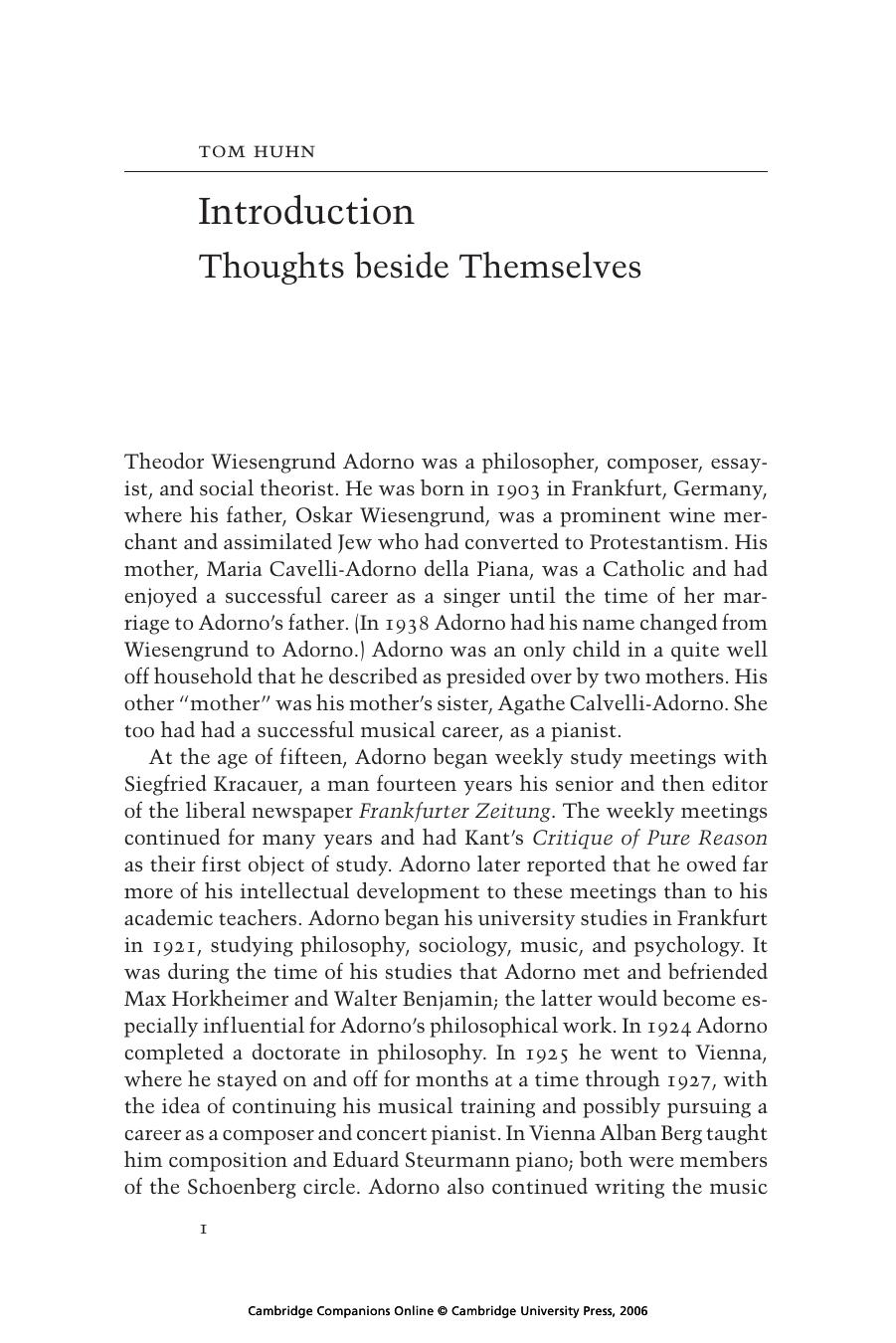 The Cambridge Companion To Adorno Tom Huhn Huhn Tom