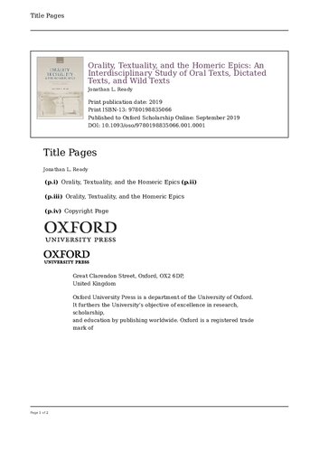 Orality Textuality And The Homeric Epics An Interdisciplinary Study Of Oral Texts Dictated Texts And Wild Texts Jonathan L Ready