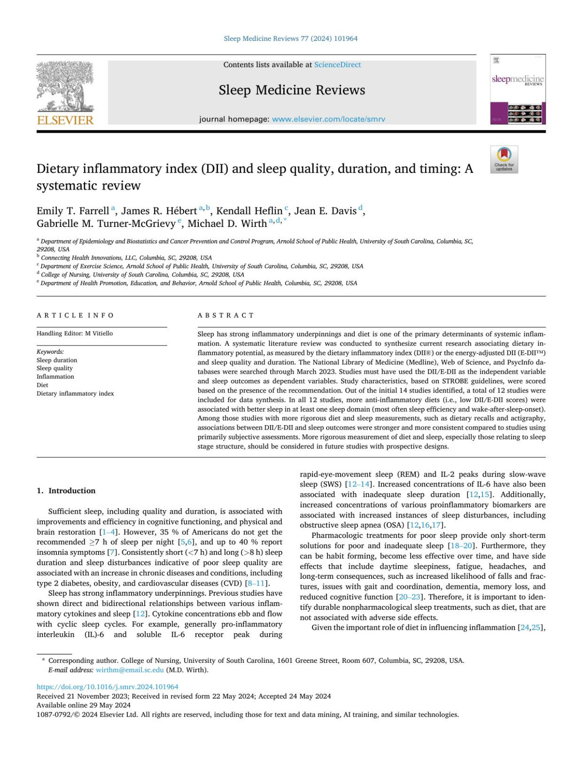 Dietary Inflammatory Index Dii And Sleep Quality Duration And Timing A Systematic Review Emily T Farrell