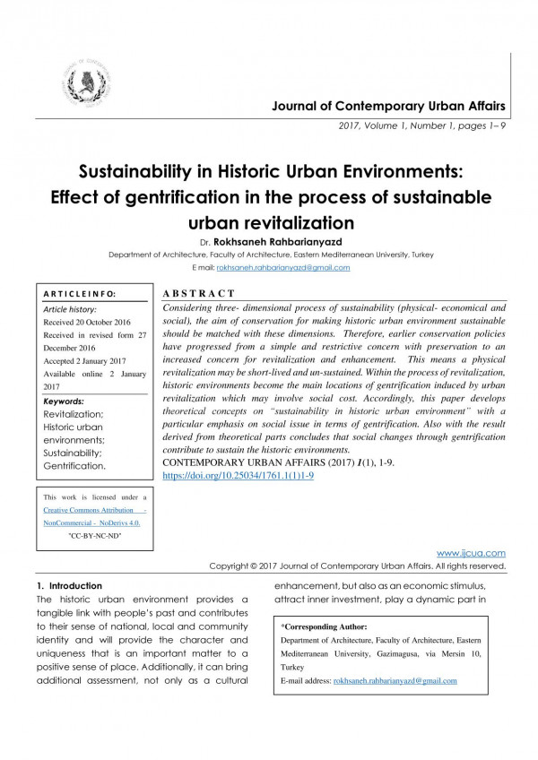 Sustainability In Historic Urban Environments Effect Of Gentrification In The Process Of Sustainable Urban Revitalization 1st Edition Dr Rokhsaneh Rahbarianyazd