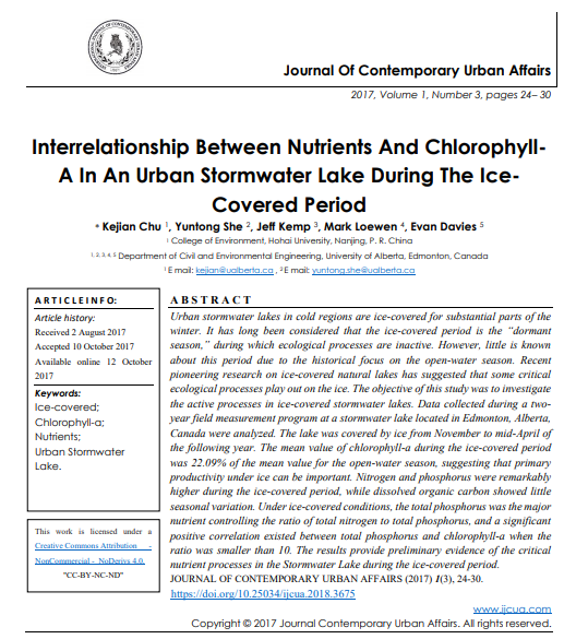 Interrelationship Between Nutrients And Chlorophylla In An Urban Stormwater Lake During The Icecovered Period 3rd Edition Kejian Chu