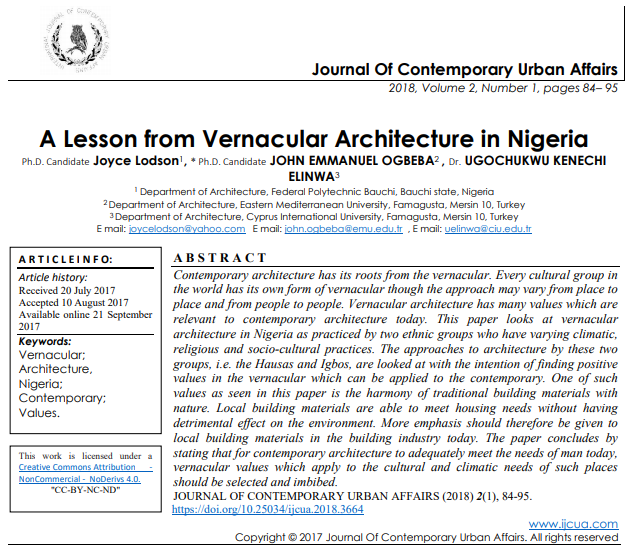 A Lesson From Vernacular Architecture In Nigeria 1st Edition Phd Candidate Joyce Lodson