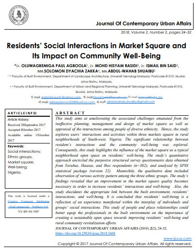 Residents Social Interactions In Market Square And Its Impact On Community Wellbeing 2nd Edition Dr Oluwagbemiga Paul Agboola
