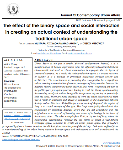 The Effect Of The Binary Space And Social Interaction In Creating An Actual Context Of Understanding The Traditional Urban Space 2nd Edition Ph D Candidate Mustafa Aziz Mohammad Amen