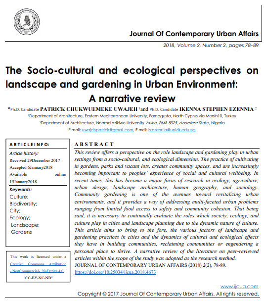 The Sociocultural And Ecological Perspectives On Landscape And Gardening In Urban Environment A Narrative Review 2nd Edition Phd Candidate Patrick Chukwuemeke Uwajeh And Phd Candidate Ikenna Stephen Ezennia