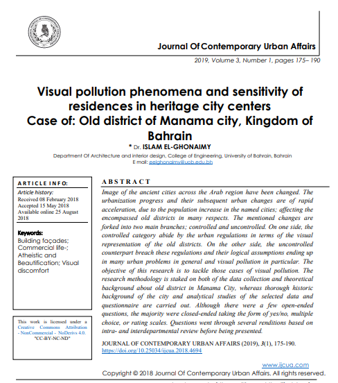 Visual Pollution Phenomena And Sensitivity Of Residences In Heritage City Centers Case Of Old District Of Manama City Kingdom Of Bahrain 1st Edition Dr Islam Elghonaimy Department Of Architecture And Interior Design