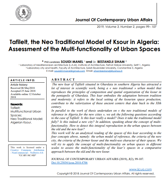 Tafilelt The Neo Traditional Model Of Ksour In Algeria Assessment Of The Multifunctionality Of Urban Spaces 2nd Edition Phd Candidate Souidi Manel And Dr Bestandji Siham
