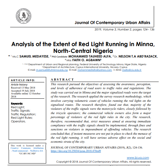 Analysis Of The Extent Of Red Light Running In Minna Northcentral Nigeria 2nd Edition Msc Samuel Medayese
