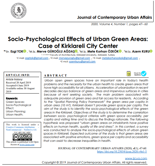Sociopsychological Effects Of Urban Green Areas Case Of Kirklareli City Center 1st Edition Dr Ezgi Tok