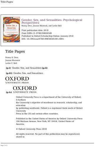 Gender Sex And Sexualities Psychological Perspectives 1st Edition Nancy Dess Editor