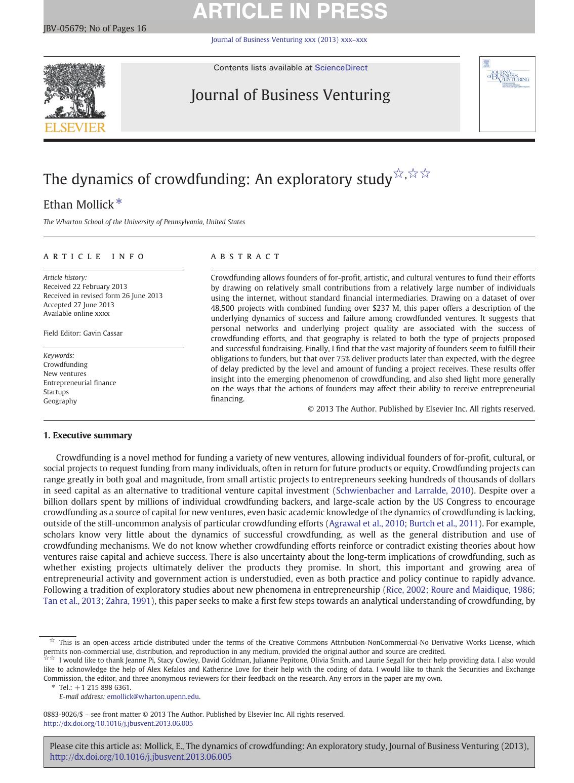 The Dynamics Of Crowdfunding An Exploratory Study Ethan Mollick