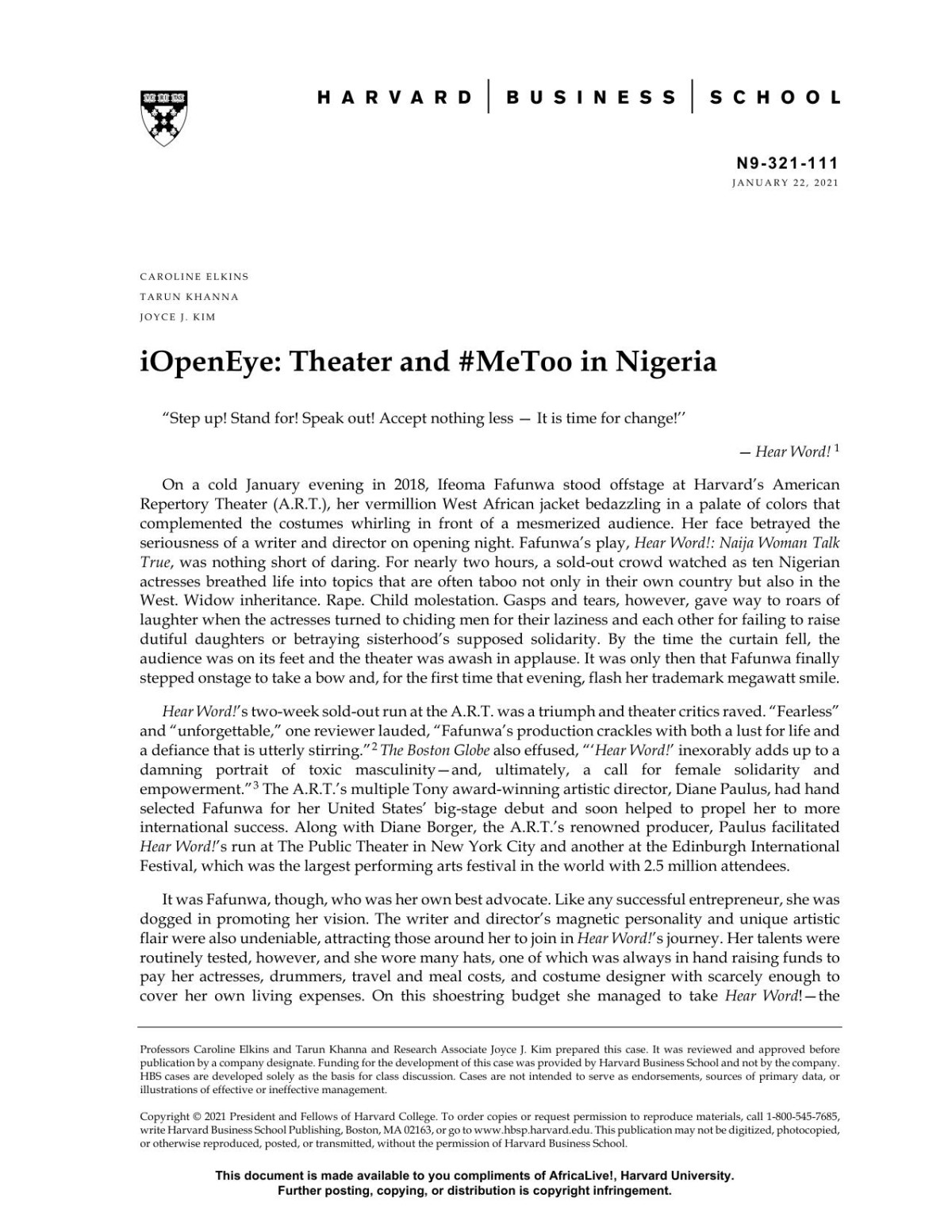 Iopeneye Theater And Metoo In Nigeria Caroline Elkins Tarun Khanna Joyce J Kim