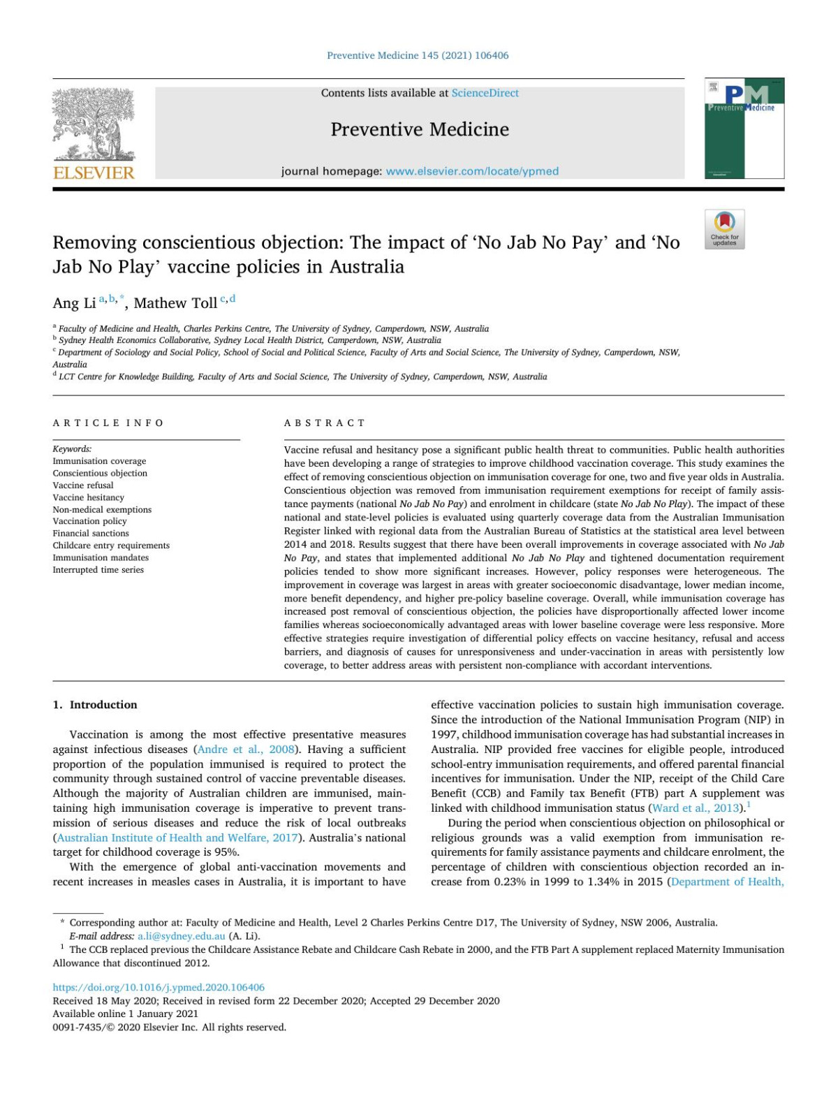 Removing Conscientious Objection The Impact Of No Jab No Pay And No Jab No Play Vaccine Policies In Australia Ang Li And Mathew Toll