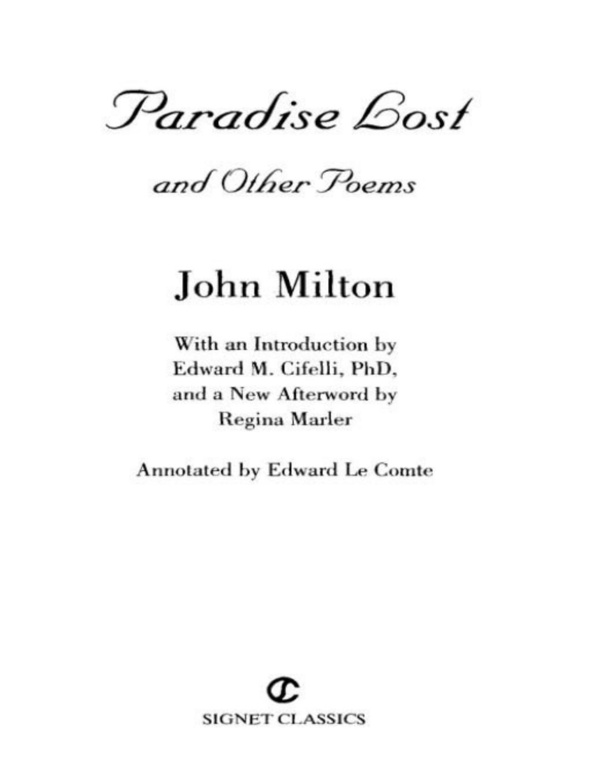 Paradise Lost And Other Poems John Milton
