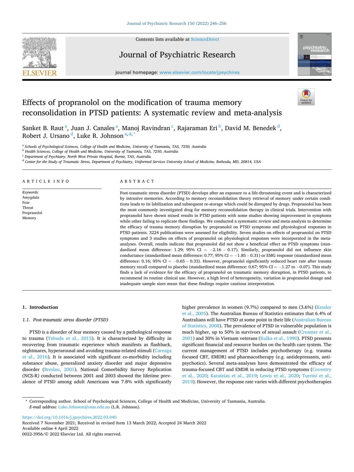 Effects Of Propranolol On The Modification Of Trauma Memory Reconsolidation In Ptsd Patients A Systematic Review And Metaanalysis Sanket B Raut
