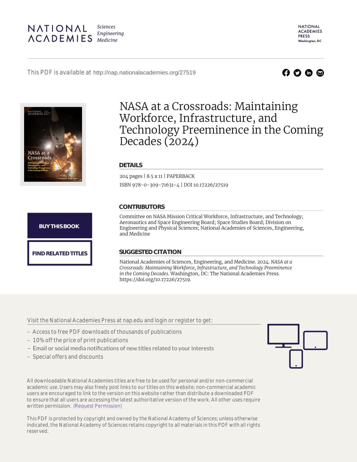 Nasa At A Crossroads Maintaining Workforce Infrastructure And Technology Preeminence In The Coming Decades Committee On Nasa Mission Critical Workforce