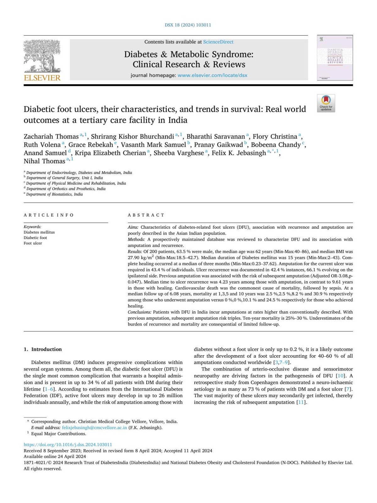 Diabetic Foot Ulcers Their Characteristics And Trends In Survival Real World Outcomes At A Tertiary Care Facility In India Zachariah Thomas