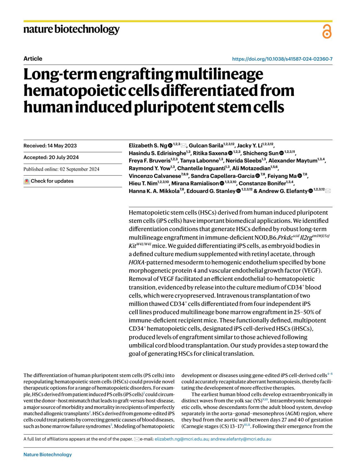 Longterm Engrafting Multilineage Hematopoietic Cells Differentiated From Human Induced Pluripotent Stem Cells Elizabeth S Ng