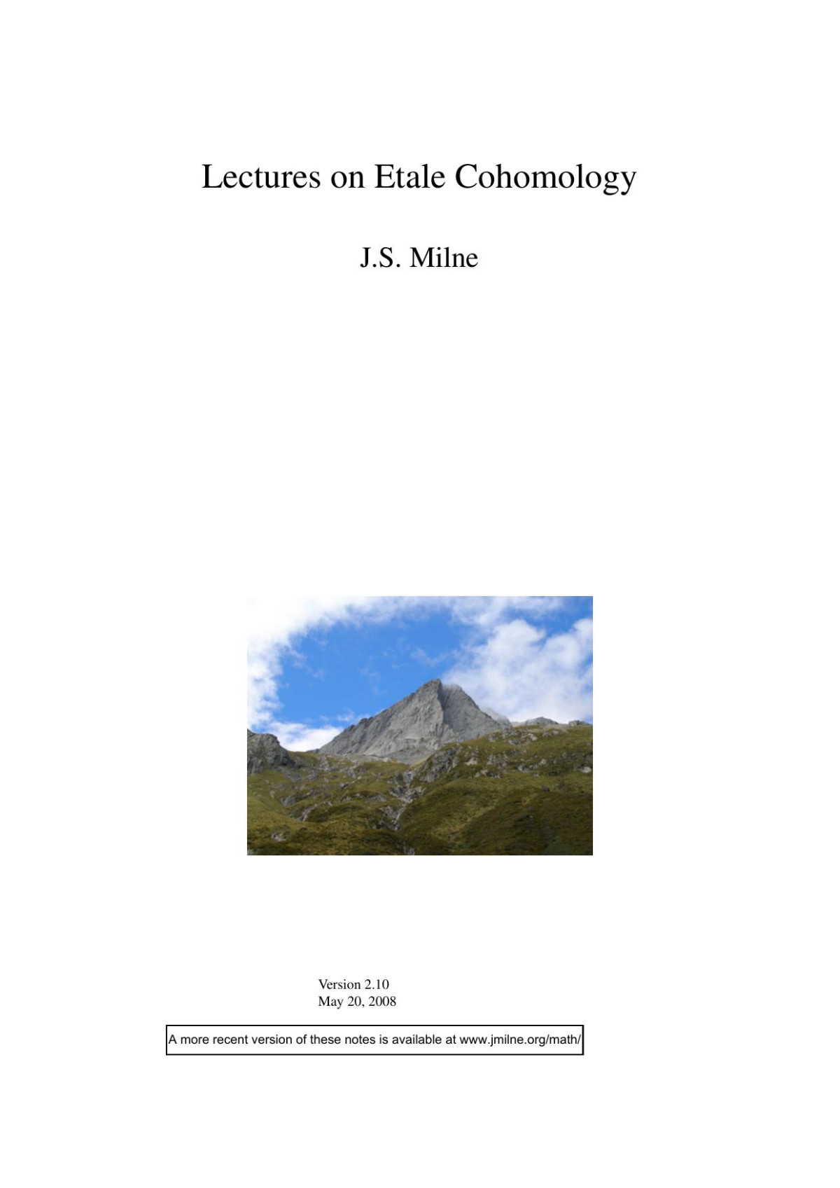 Lectures On Etale Cohomology Js Milne