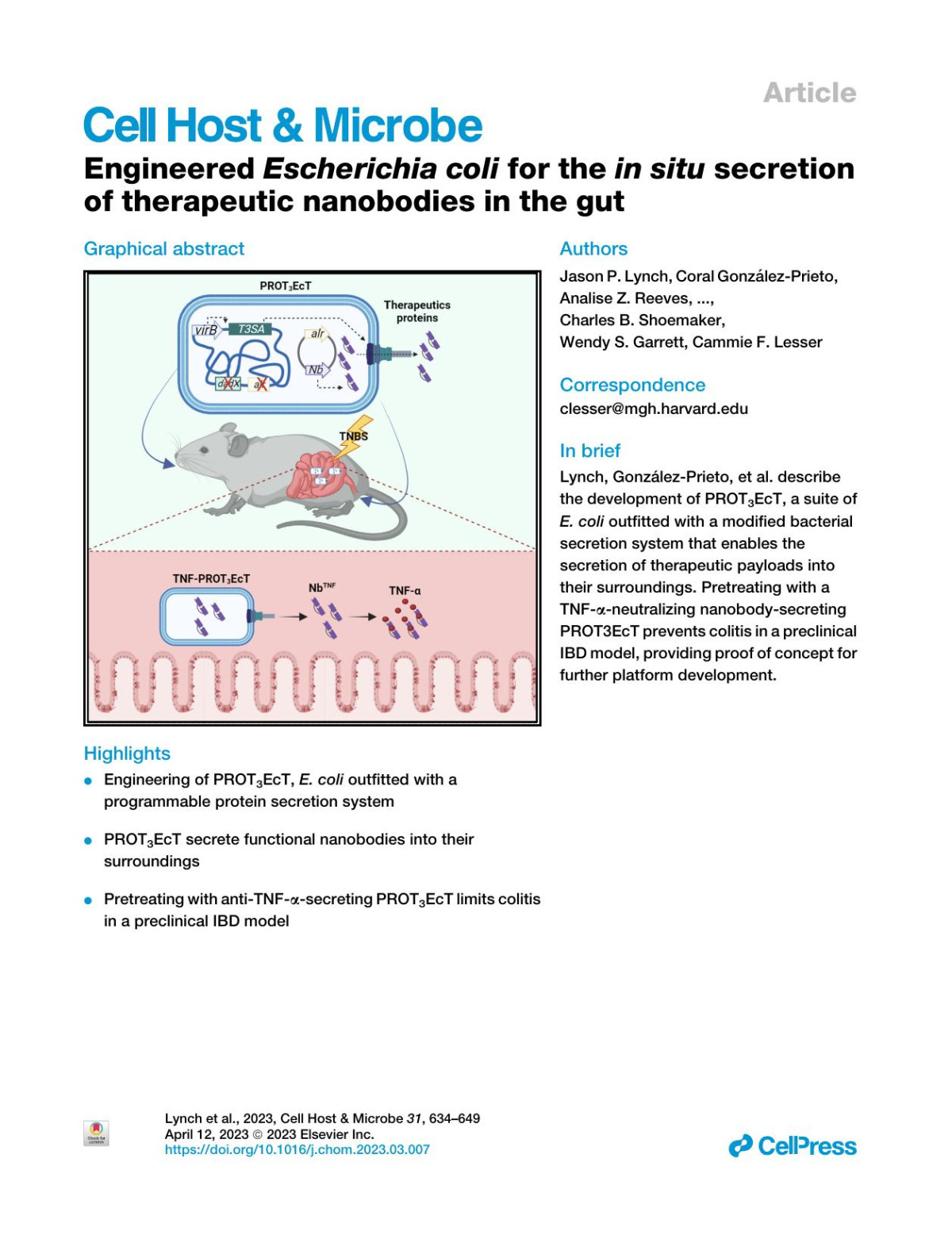 Engineered Escherichia Coli For The In Situ Secretion Of Therapeutic Nanobodies In The Gut Jason P Lynch