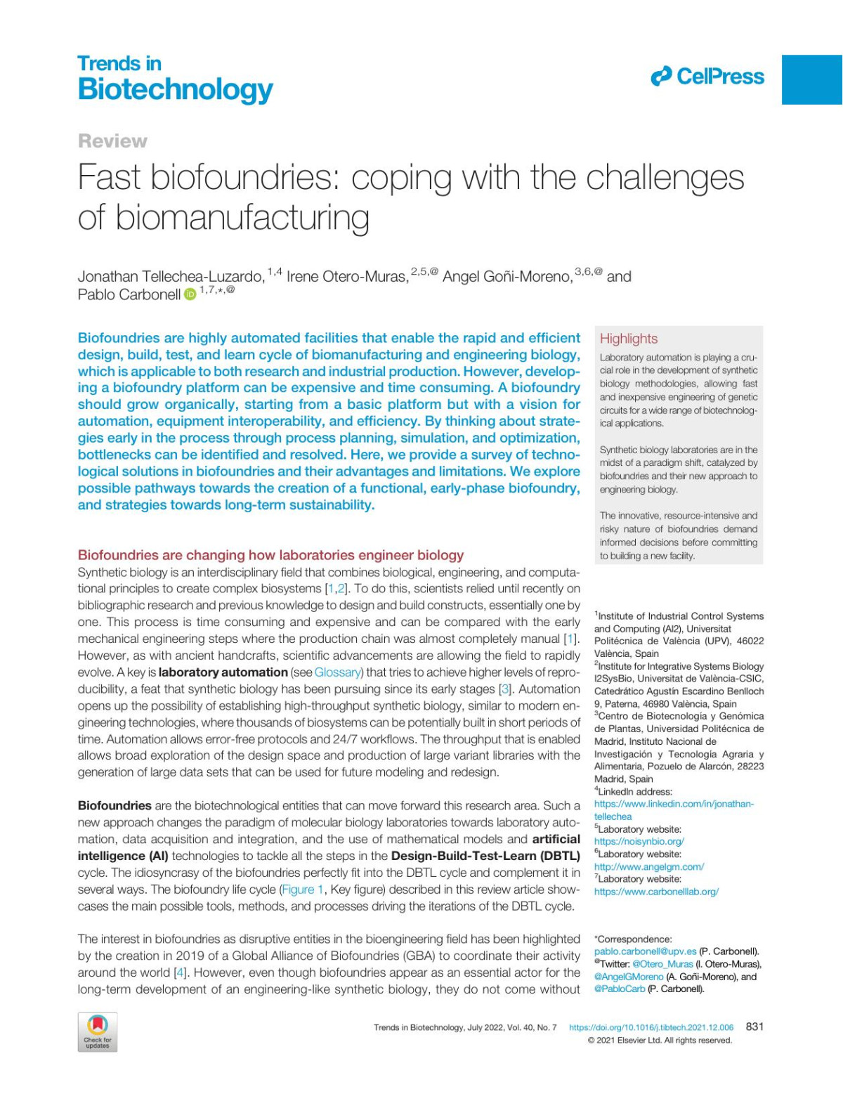 Fast Biofoundries Coping With The Challenges Of Biomanufacturing Jonathan Tellechealuzardo Irene Oteromuras Angel Goimoreno Pablo Carbonell
