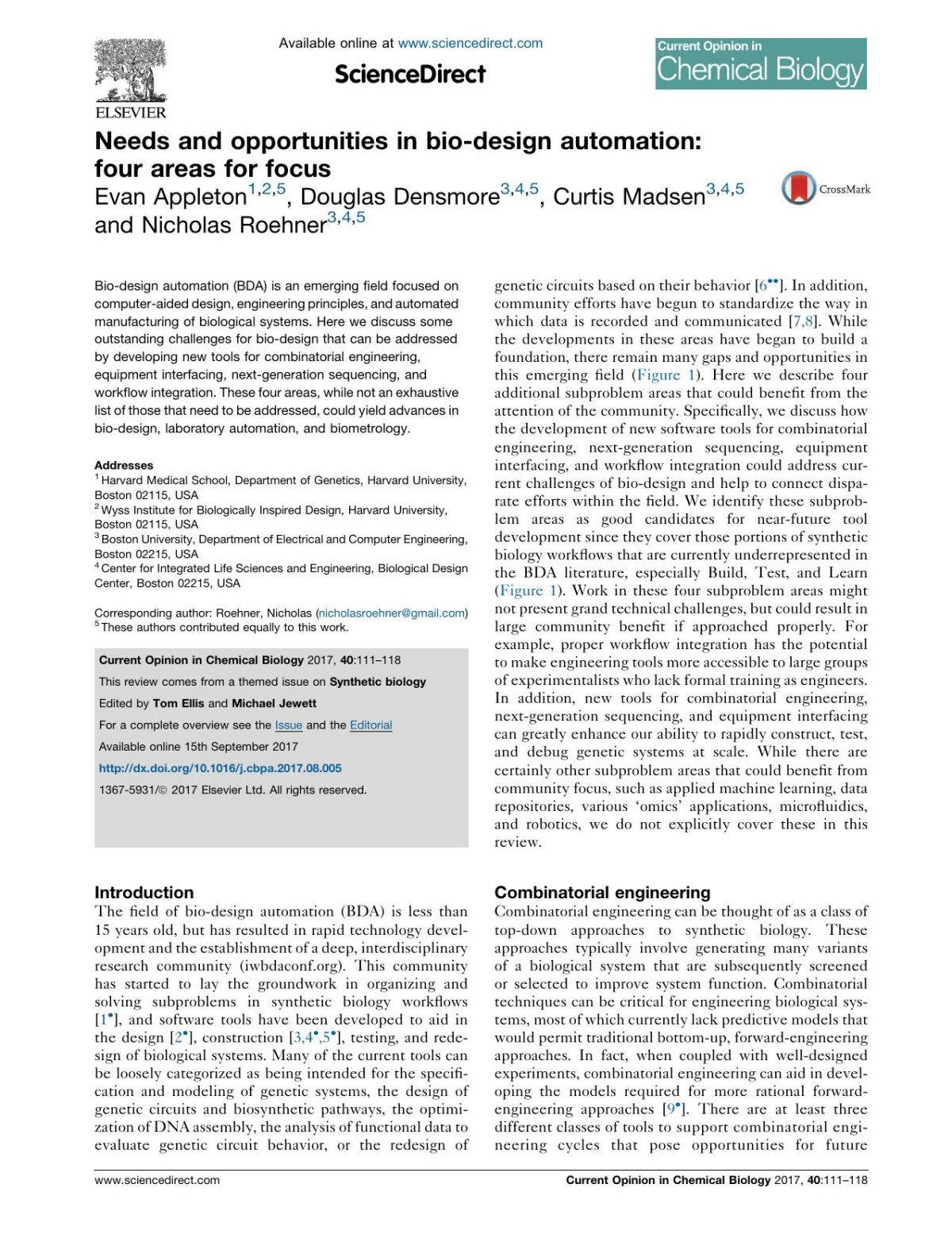 Needs And Opportunities In Biodesign Automation Four Areas For Focus Evan Appleton Douglas Densmore Curtis Madsen Nicholas Roehner