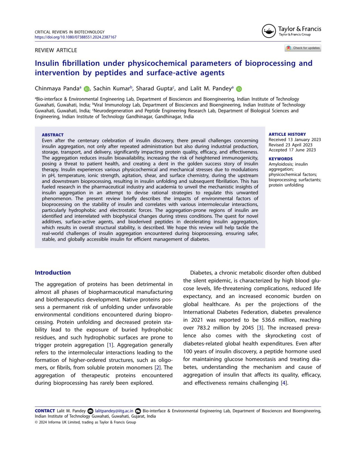 Insulin Fibrillation Under Physicochemical Parameters Of Bioprocessing And Intervention By Peptides And Surfaceactive Agents Chinmaya Panda