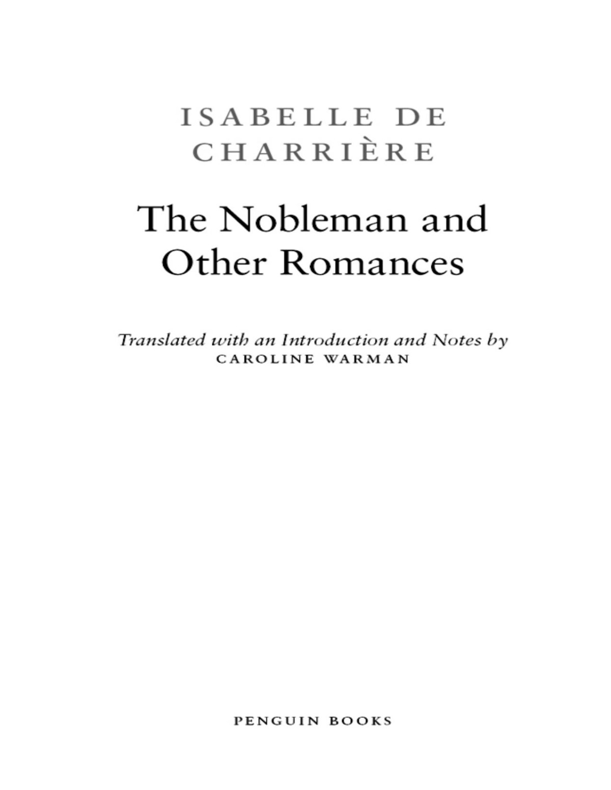 The Nobleman And Other Romances Isabelle De Charriere