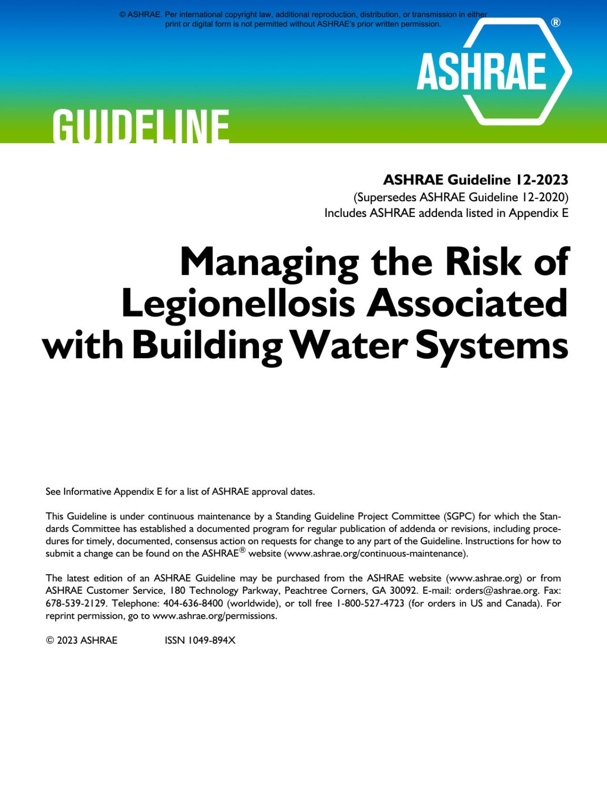 Ashrae Guideline 122023 Managing The Risk Of Legionellosis Associated With Building Water Systems Ashrae