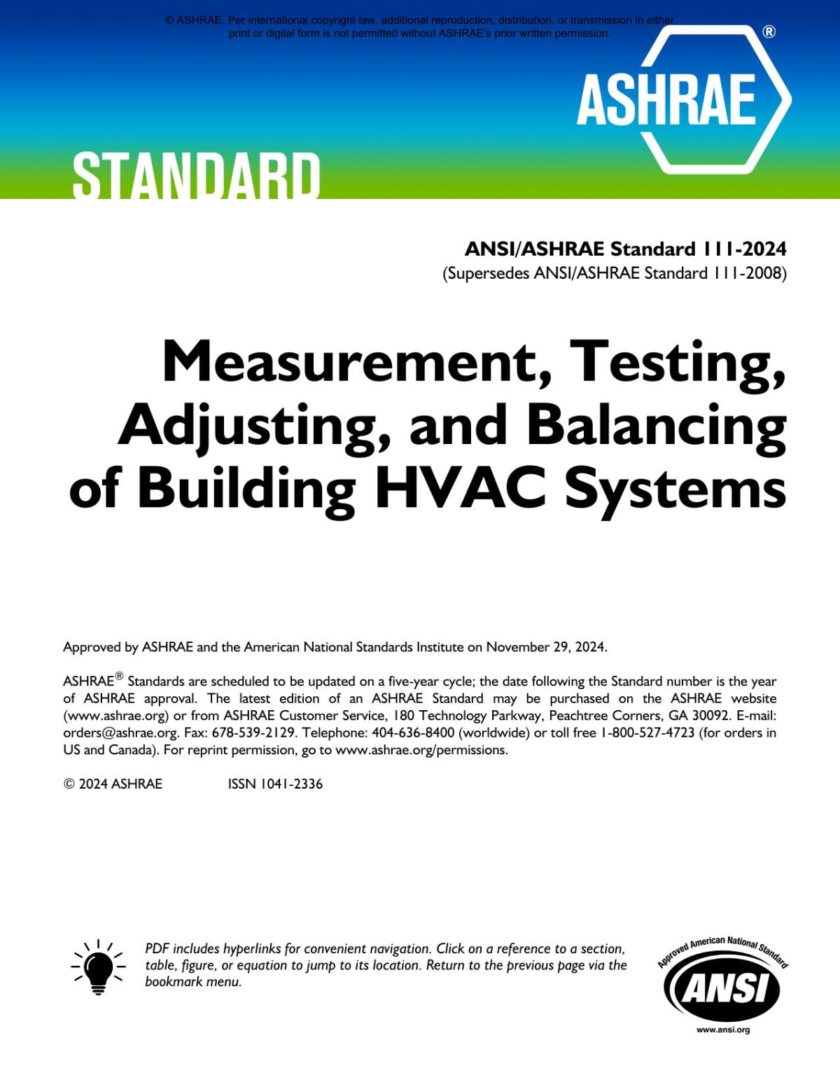 Ansiashrae Standard 1112024 Measurement Testing Adjusting And Balancing Of Building Hvac Systems Ashrae