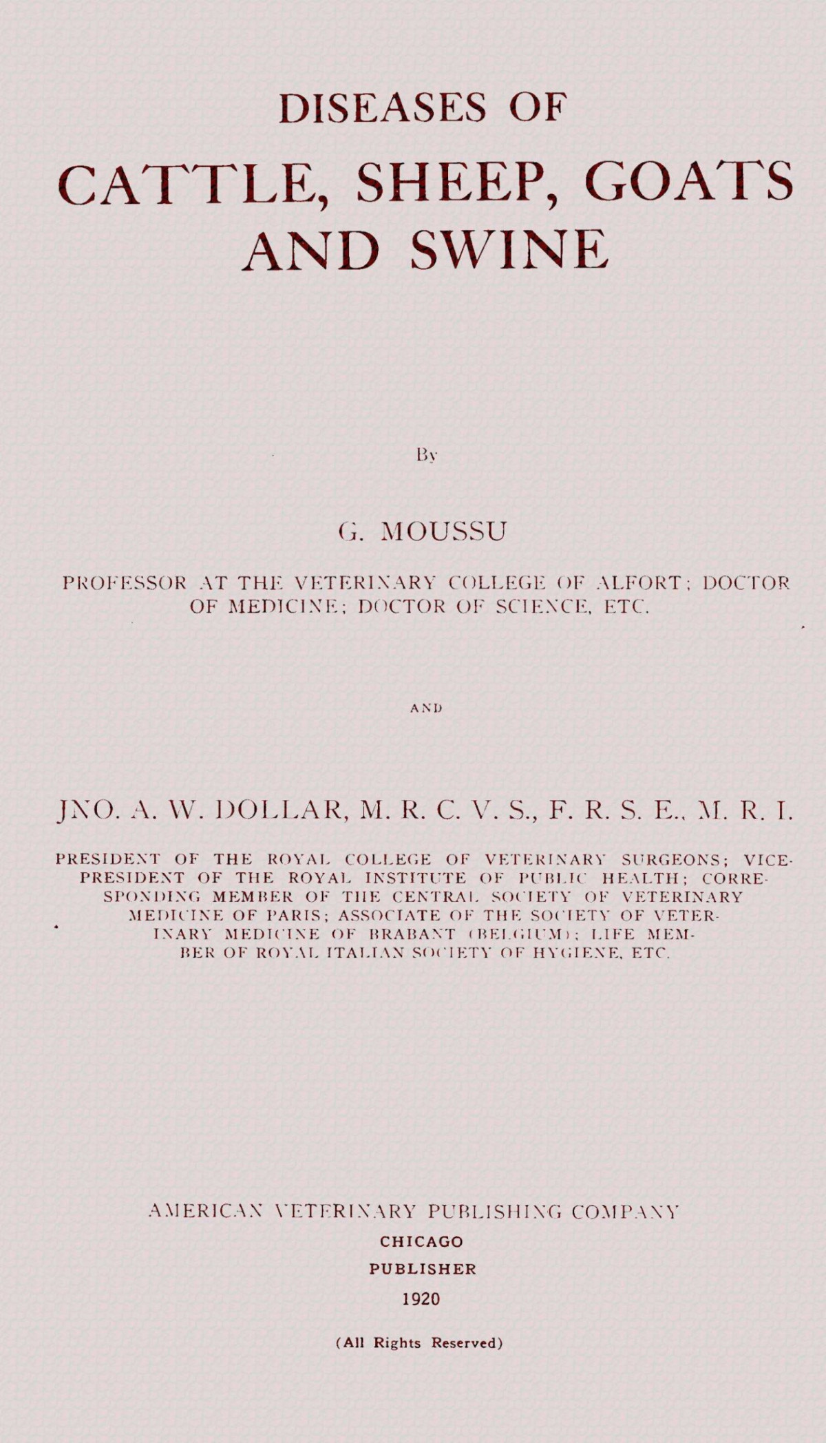 Diseases Of Cattle Sheep Goats And Swine G Moussu Jno A W Dollar