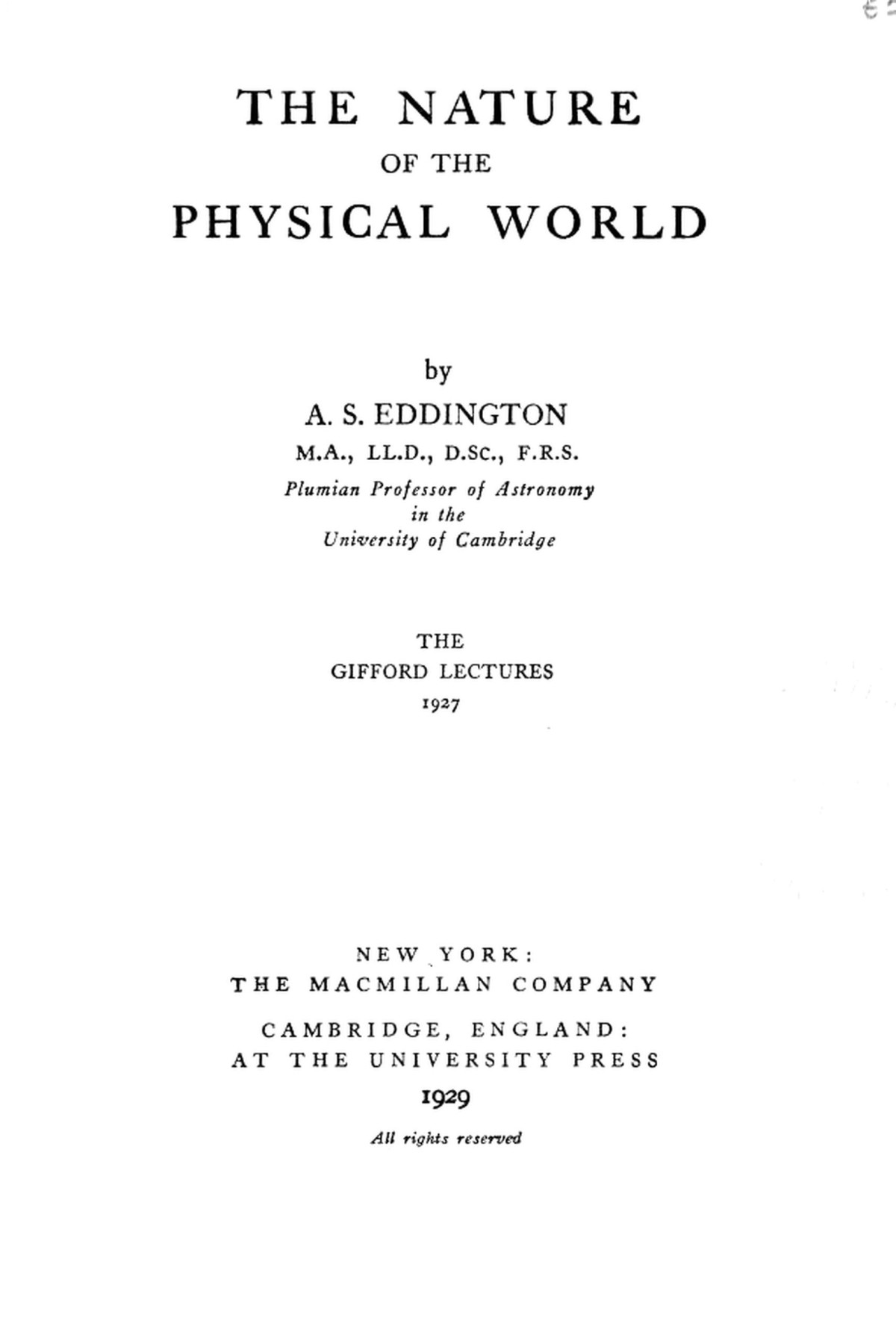 The Nature Of The Physical World Sir Arthur Stanley Eddington