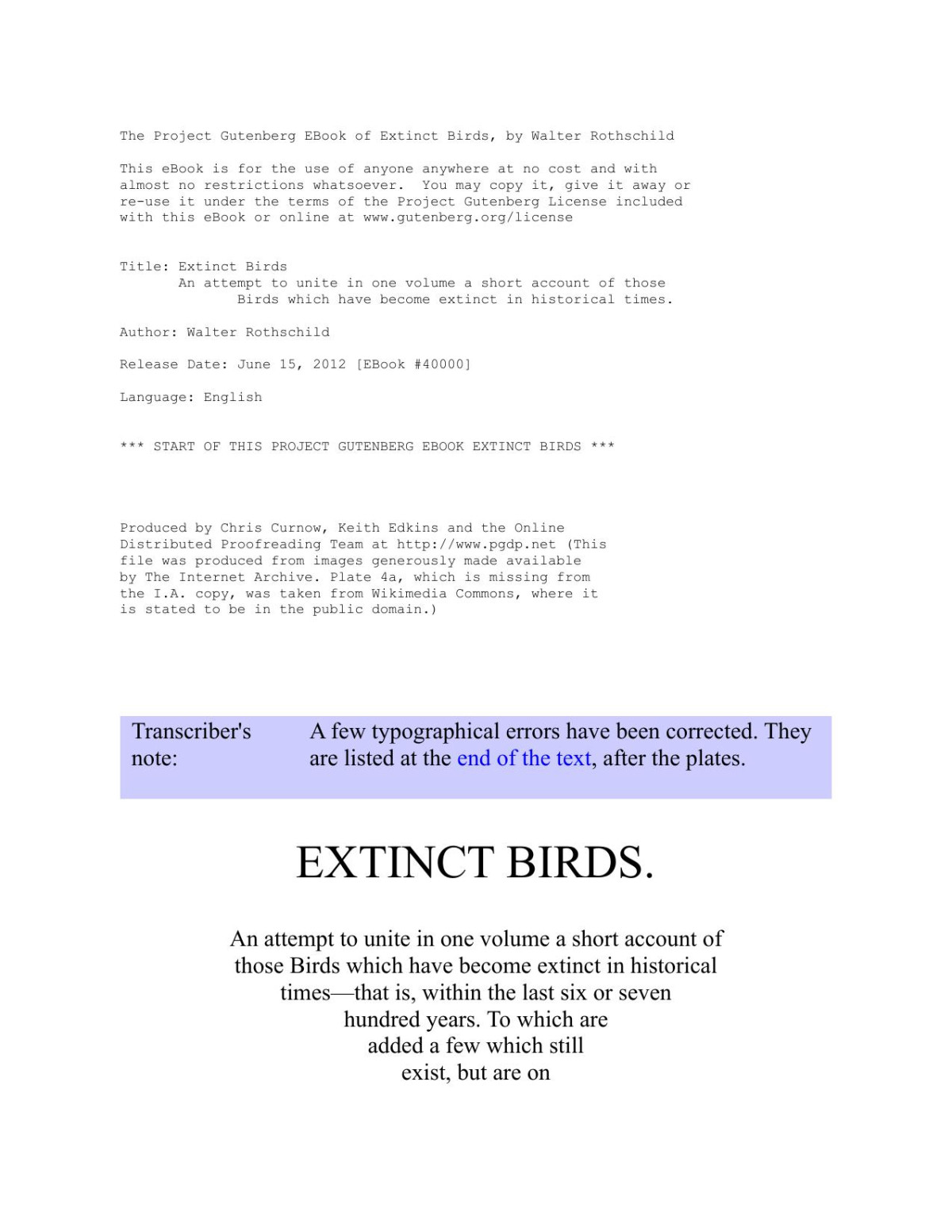 Extinct Birds An Attempt To Unite In One Volume A Short Account Of Those Birds Which Have Become Extinct In Historical Times Baron Lionel Walter Rothschild Rothschild