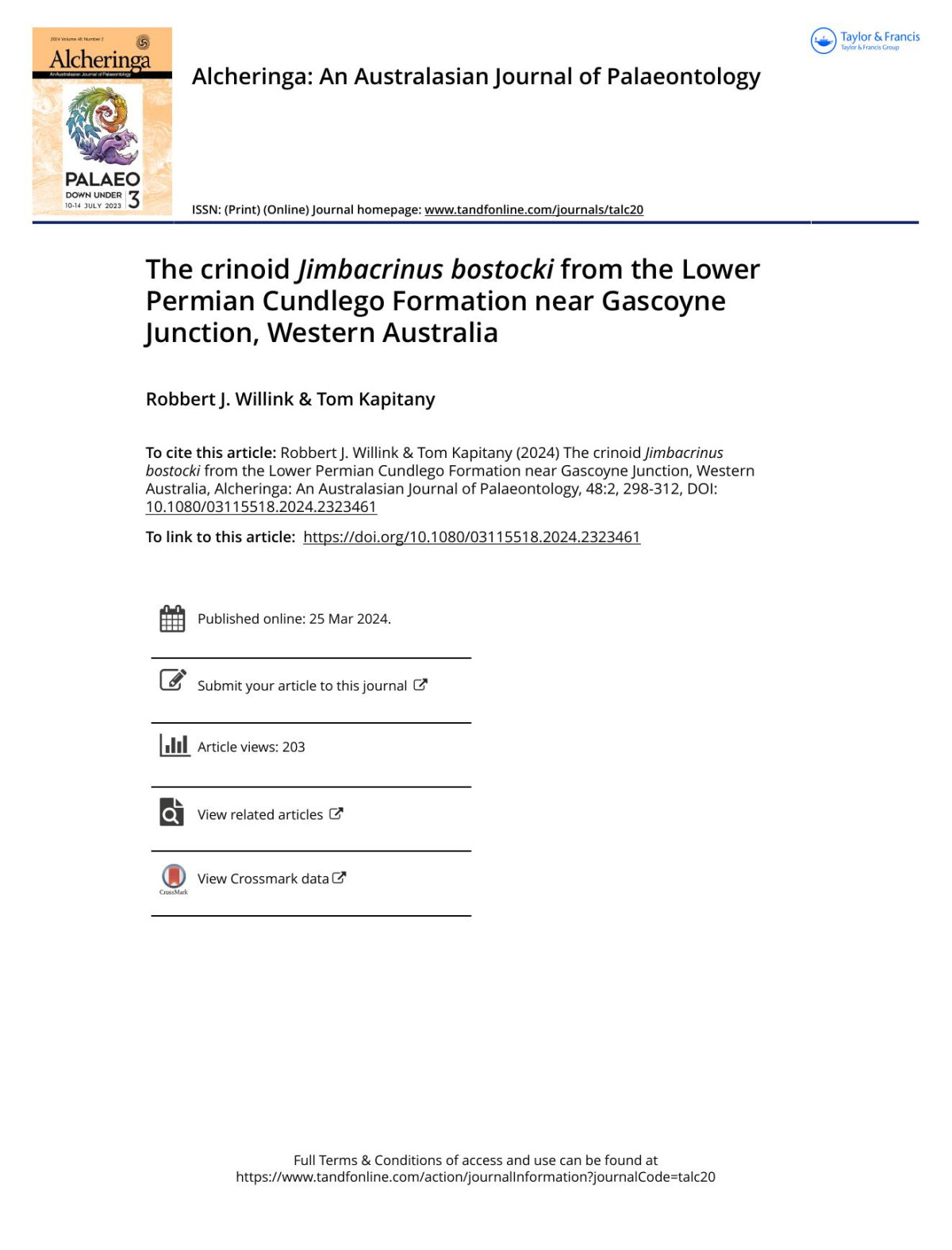 The Crinoid Jimbacrinus Bostocki From The Lower Permian Cundlego Formation Near Gascoyne Junction Western Australia Robert J Willink